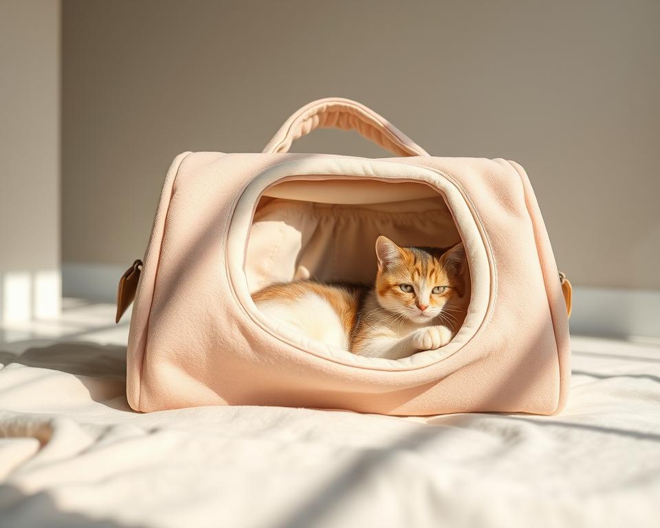 A soft, plush cat carrier bag rests in a cozy, sunlit setting. In the foreground, the bag's supple fabric gleams with a gentle sheen, inviting a feline occupant to nestle inside. Delicate patterns and textures adorn the surface, hinting at the cushioned comfort within. The middle ground reveals the carrier's sturdy, reinforced structure, ensuring a secure and well-ventilated environment for the cat. Soft, diffused lighting casts a warm, inviting glow, creating an atmosphere of safety and tranquility. In the background, a soothing, minimalist backdrop complements the carrier's soothing aesthetic, making it the perfect accessory for a cat's comfortable and stress-free travel.