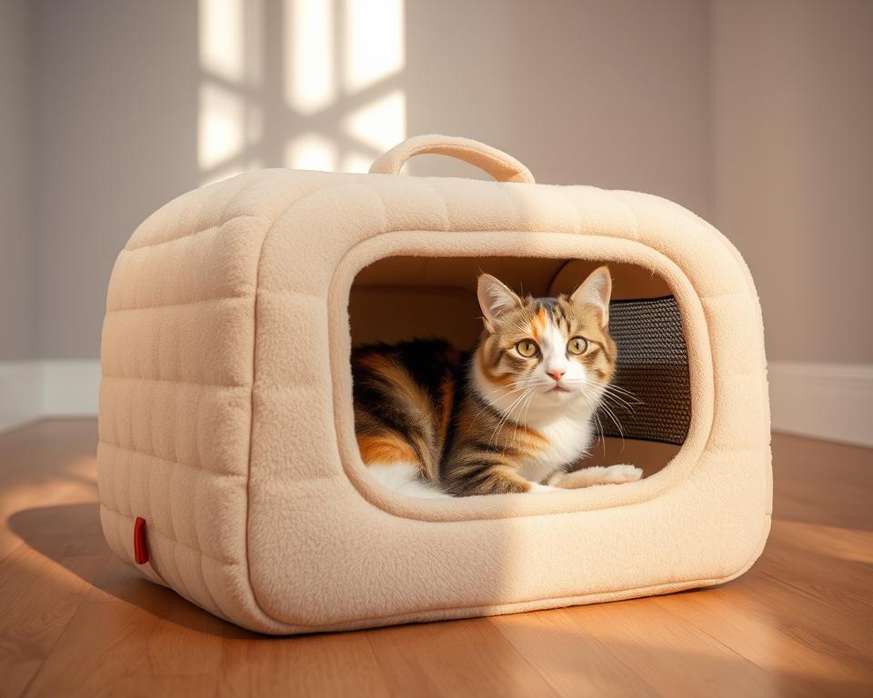 A soft, plush cat carrier in a neutral beige tone sits on a hardwood floor, bathed in warm, natural lighting that filters through a nearby window. The carrier has a cozy, quilted exterior and a comfortable, padded interior, with a discreet mesh panel that allows for ventilation and visibility. In the foreground, a calico cat peers curiously out of the carrier, its soft fur and gentle expression conveying a sense of contentment and security. The background is minimalist, with subtle textures and a clean, uncluttered aesthetic, allowing the carrier and the cat to be the focal point of the image.