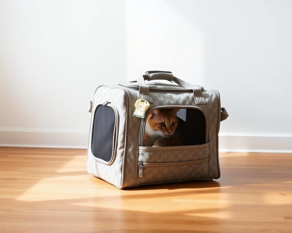 A soft-sided cat carrier bag, made of plush, lightweight fabric, stands in a well-lit, minimalist setting. The bag has a mesh window panel, allowing the feline passenger to peek out curiously. Sleek zippers and sturdy handles suggest both style and functionality. The carrier rests on a hardwood floor, with a plain white wall serving as the backdrop, creating a serene, modern atmosphere. Soft, diffused lighting casts gentle shadows, highlighting the bag's tactile texture and neutral color palette. The overall scene conveys a sense of elegant simplicity, perfectly suited to showcasing this practical yet fashionable cat accessory.