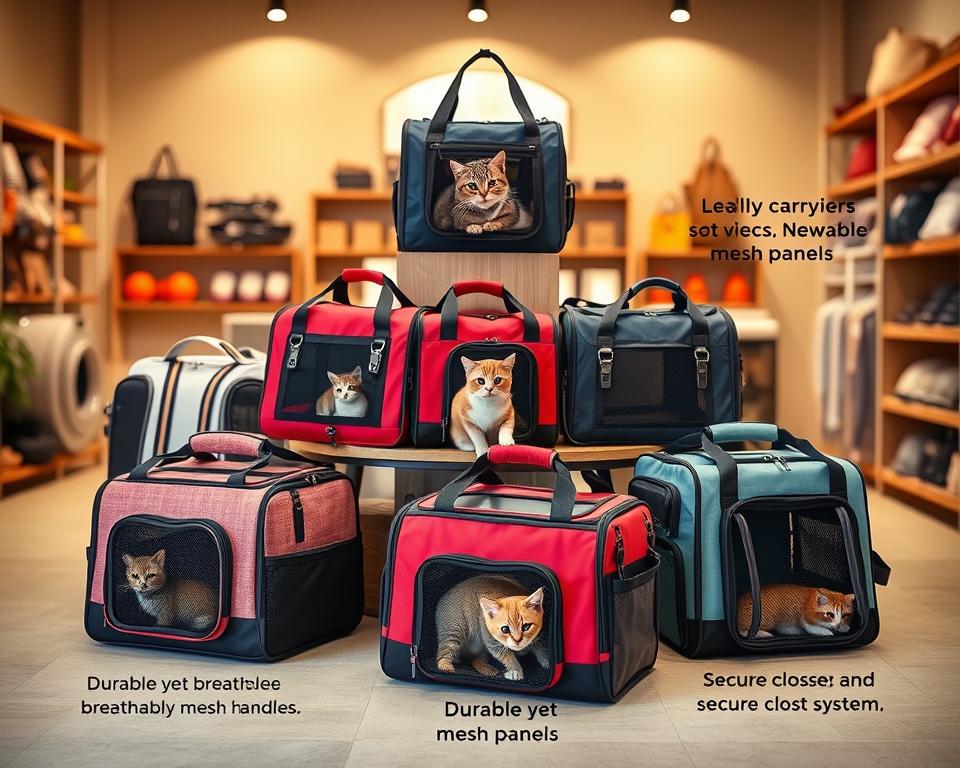 A softly lit, high-resolution photograph of an array of stylish, soft-sided pet carrier bags for cats, displayed in a warm, welcoming pet store setting. The carriers are showcased against a neutral background, highlighting their various colors, textures, and designs. The bags feature durable yet breathable mesh panels, padded handles, and secure closure systems, catering to the comfort and safety of feline companions. The scene conveys a sense of quality, practicality, and an understanding of the needs of both pet and owner, creating an inviting atmosphere for the shopper to explore the best options for their beloved cat.