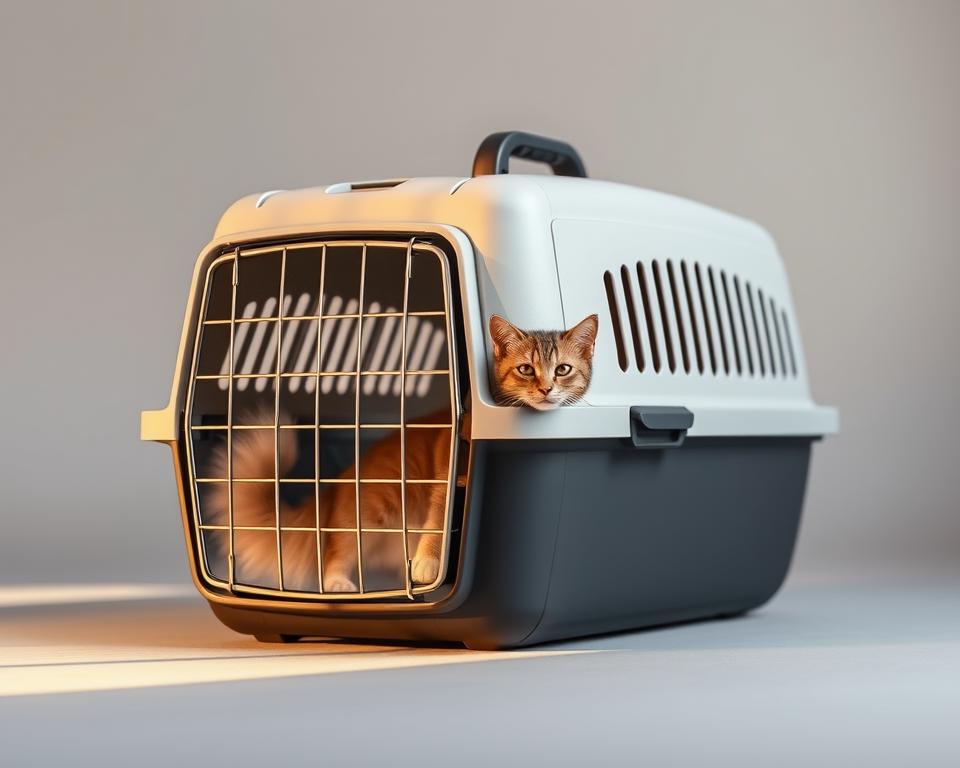 A solid, hard-shell cat carrier with a sleek, modern design, illuminated by warm, natural lighting and shot from a low, front-facing angle to highlight its sturdy construction and premium materials. The carrier has a transparent front panel, allowing the cat to see out while providing maximum protection. The background is a simple, neutral color, drawing the viewer's attention to the well-crafted, high-quality carrier.
