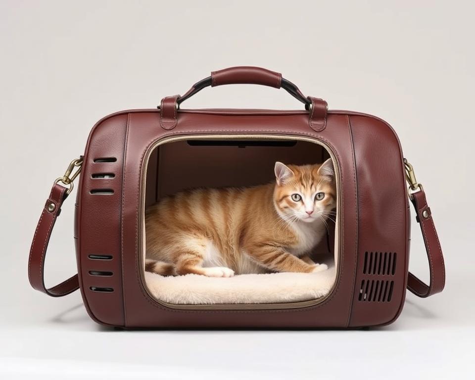 A sophisticated and sleek premium cat carrier made of high-quality materials like leather and brushed metal, captured in a well-lit studio setting with a neutral background. The carrier features ergonomic handles, ventilated sides, and a secured top for the comfort and safety of the feline passenger. Soft, plush interior lining creates a cozy and calming environment. The overall design exudes an air of luxury and exclusivity, befitting the discerning pet owner seeking the finest in cat transportation.