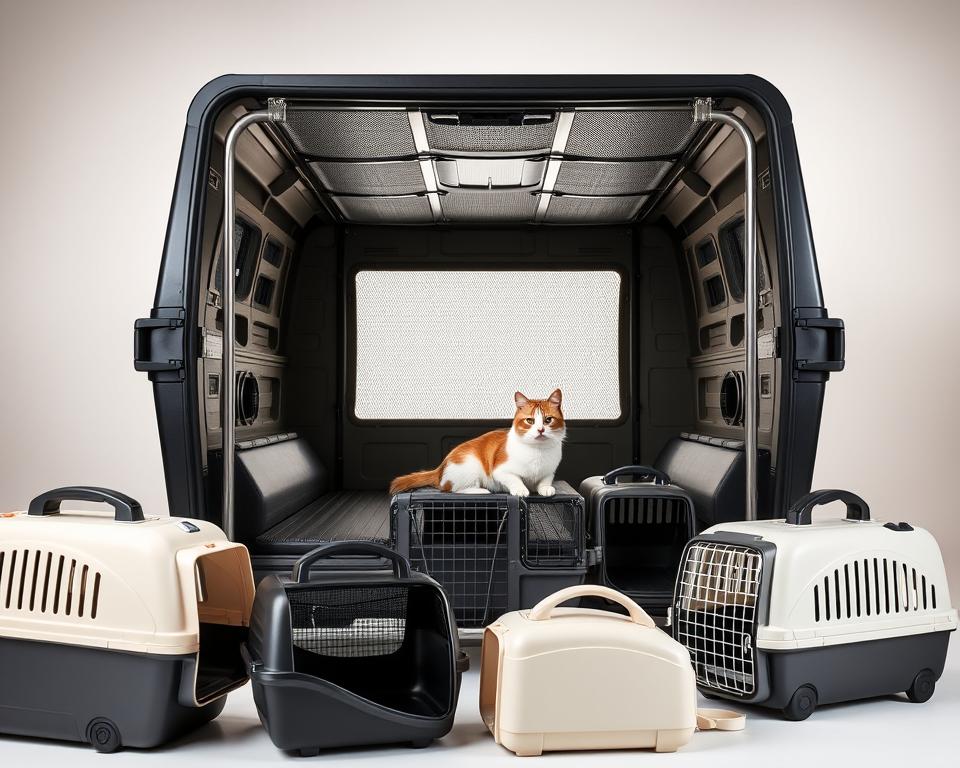 A spacious and well-ventilated cabin in a modern large cat travel carrier, with a durable steel frame and reinforced walls. The carrier is equipped with ergonomic handles and wheels for easy maneuvering. In the foreground, various types of carriers are displayed, showcasing different designs and sizes to accommodate various feline needs. The background features a minimalist backdrop, allowing the carriers to be the focal point. Soft, diffused lighting illuminates the scene, creating a sense of warmth and comfort. The overall composition emphasizes the practicality, versatility, and attention to detail in the selection of large cat travel carriers.