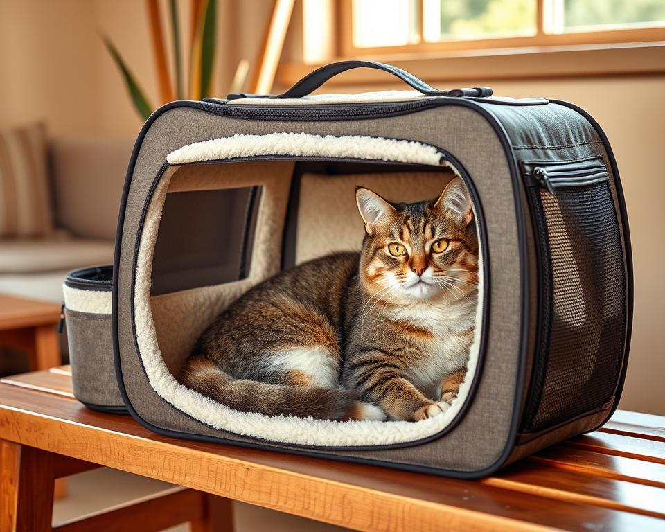 A spacious, cozy cat carrier with plush interior and soft exterior, designed for maximum comfort during long journeys. The carrier features padded walls, a well-ventilated mesh front, and a secure door with easy-access zipper. Placed in a warm, natural-lit room, the carrier sits on a wooden bench, providing a calming, home-like atmosphere for the feline passenger. Subtle earthy tones and gentle lighting create a serene, inviting ambiance, ensuring a stress-free travel experience for the large, content cat nestled inside.