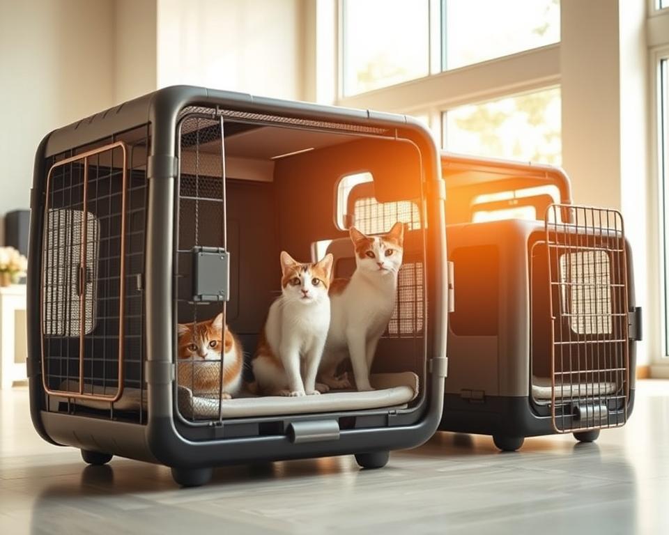 A spacious, well-designed cat carrier stands proudly in a bright, airy room. The carrier features a sturdy metal frame, reinforced mesh panels, and padded interior for maximum comfort. Multiple compartments and access points allow for easy loading and unloading of multiple felines. Sleek, modern lines and a neutral color scheme blend seamlessly with the minimalist decor. Warm, natural lighting filters in through large windows, casting a soft glow on the carriers. The scene conveys a sense of security and tranquility, perfectly suited for the "Big Cat Carriers for Multi-Cat Households" section of the article.