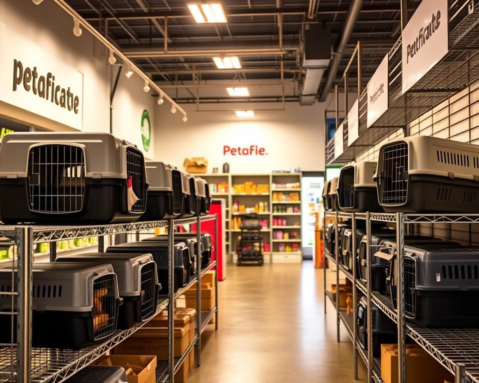 A spacious, well-lit interior of a pet store, showcasing an assortment of large cat carriers designed for safe and comfortable travel. The carriers are positioned on sturdy metal shelves, their durable construction and thoughtful features visible. The lighting casts a warm, inviting glow, and the background features subtle hints of the store's branding and decor, creating a professional, trustworthy atmosphere. The composition emphasizes the variety of carrier options, their key characteristics, and an overall sense of quality and care for the feline companions.