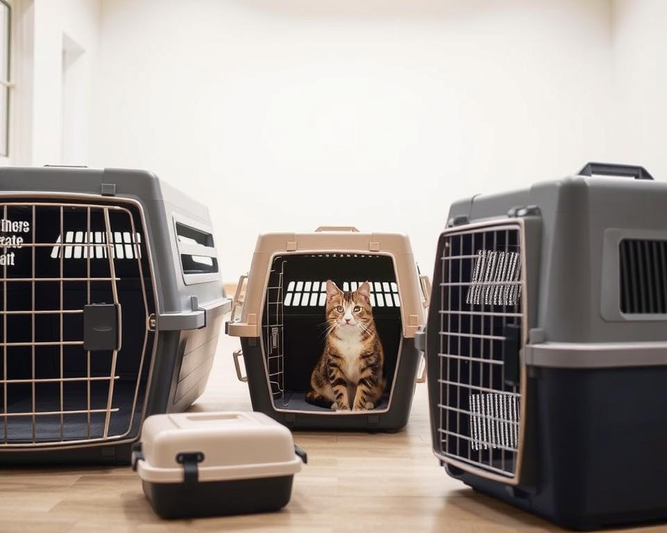 A spacious, well-lit room showcases various large cat carriers in the foreground. The carriers are made of sturdy materials like plastic, wire mesh, and fabric, in neutral colors like grey, beige, and navy. They feature ample ventilation, comfortable padding, and secure closure mechanisms. In the middle ground, a tabby cat sits calmly inside one of the carriers, conveying a sense of safety and comfort. The background is a clean, minimalist setting, allowing the carriers to be the focal point. The overall mood is one of utility, practicality, and attention to the cat's needs.