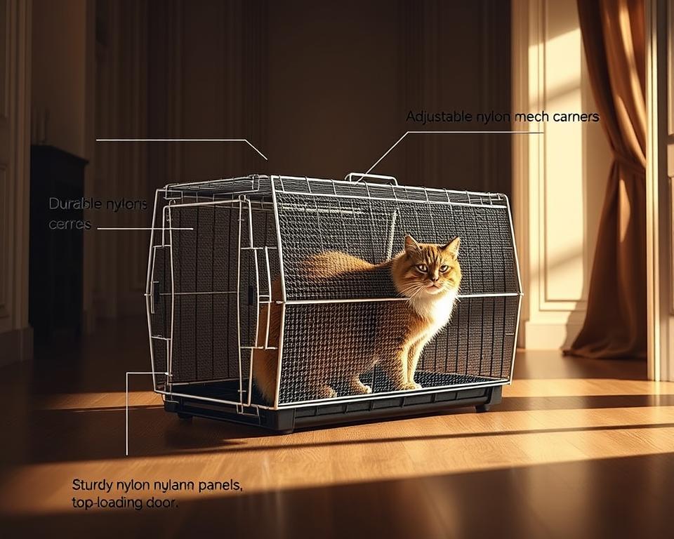 A spacious, well-ventilated cat carrier designed for large felines, with a sturdy metal frame and durable nylon mesh panels. The carrier features adjustable straps, reinforced corners, and a top-loading door for easy access. The carrier is positioned in a dimly lit, elegant interior, with soft, natural lighting casting warm tones and gentle shadows, creating a calming, cozy atmosphere suitable for transporting majestic big cats.