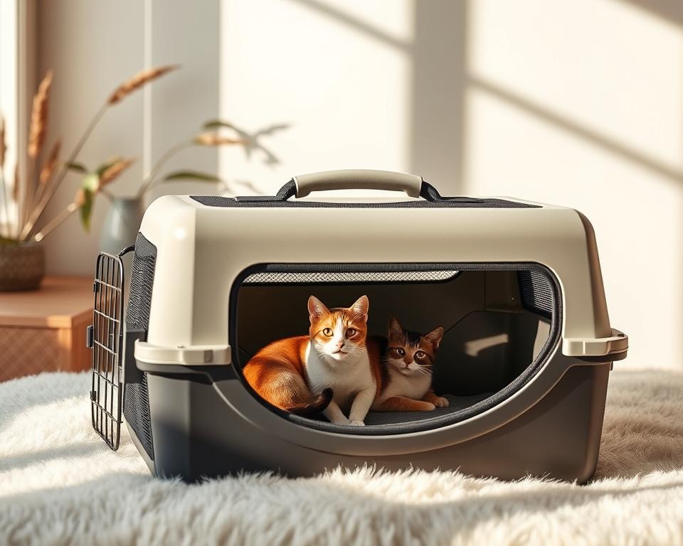 A spacious, well-ventilated cat carrier rests on a soft, plush surface, its roomy interior accentuated by clean lines and a sleek, modern design. The carrier is bathed in warm, natural lighting, casting gentle shadows that highlight its premium materials and thoughtful construction. In the background, a minimalist, nature-inspired backdrop complements the carrier's calming aesthetic, creating an atmosphere of comfort and security for the feline traveler. The carrier's ample dimensions and thoughtful features, such as mesh panels and sturdy handles, invite the viewer to envision a stress-free journey for their beloved pet.