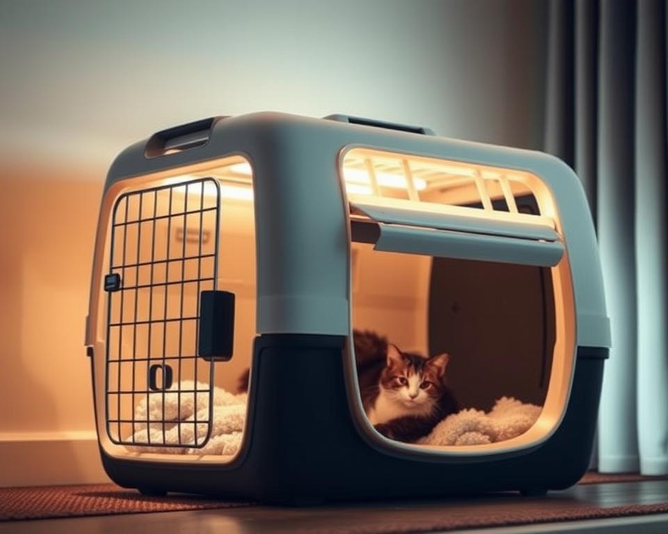 A spacious, well-ventilated cat carrier with an oversized design, illuminated by warm, soft lighting that accentuates its sturdy construction and premium materials. The carrier features ample interior space, plush bedding, and thoughtful design elements to ensure the ultimate comfort and safety of a large feline companion. A sleek, modern silhouette blends seamlessly with a minimalist aesthetic, complementing the natural tones and textures of the environment. The carrier is positioned prominently, inviting the viewer to imagine the pampering and care their beloved cat would experience within its confines.