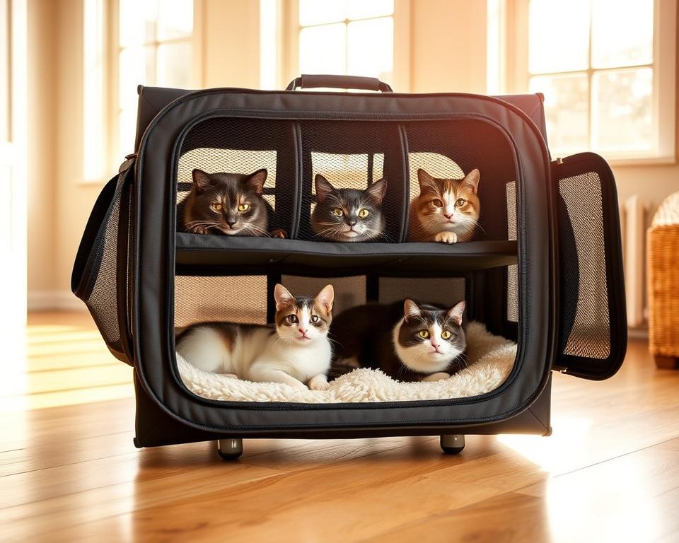 A spacious, well-ventilated multi-cat carrier, made of durable and lightweight materials, standing on a wooden floor in a bright, airy room. The carrier has multiple compartments, allowing each feline to have their own secure space, with mesh panels for visibility and airflow. Soft, plush bedding lines the bottom, creating a comfortable environment. Sturdy handles on the sides enable easy transportation, while reinforced corners provide stability. Warm, natural lighting from large windows casts a gentle glow, fostering a sense of safety and serenity. The carrier is positioned prominently, ready to transport multiple beloved felines in style and comfort.