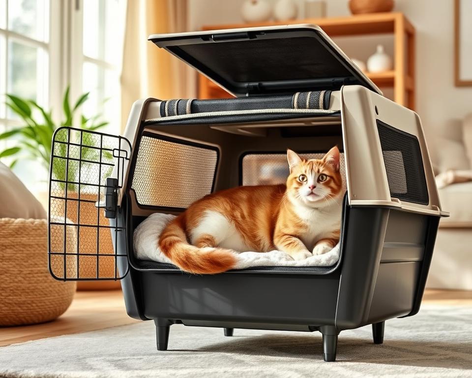 A spacious, well-ventilated plus-size cat carrier stands in a cozy, well-lit room. The carrier's sturdy, reinforced frame supports the weight of a hefty feline, with plush, extra-wide cushioning for maximum comfort. Soft, breathable mesh panels allow ample airflow, while the durable exterior material provides a sense of security. Subtle, neutral-toned accents harmonize with the room's décor, creating a harmonious, inviting atmosphere. The carrier's ample interior space and thoughtful design cater to the needs of larger cats, ensuring a safe and comfortable travel experience.