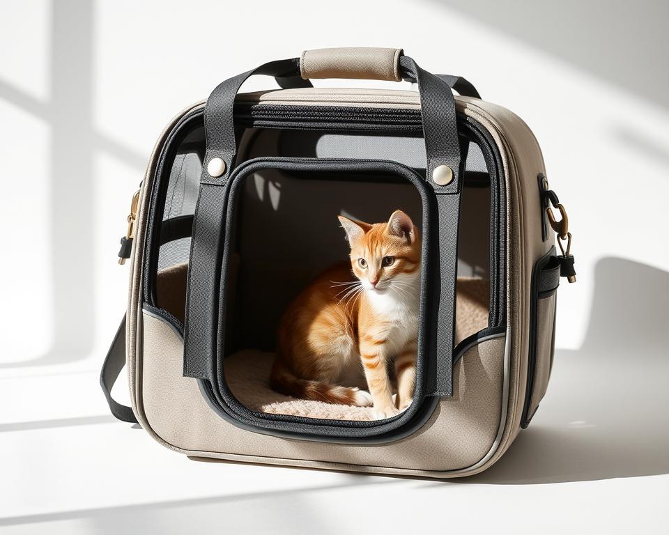 A specialized cat carrier with a sleek, modern design, featuring a sturdy, well-ventilated structure in a neutral tone. The front panel is made of transparent material, allowing the cat to observe its surroundings comfortably. The carrier is equipped with adjustable straps and padded handles for easy transport, as well as multiple access points for the cat's convenience. The interior is lined with a soft, plush material, creating a cozy and secure environment for the feline passenger. Subtle accent details, such as metal hardware or textured accents, add a touch of sophistication. The carrier is set against a minimalist, studio-like backdrop, with natural lighting casting gentle shadows and highlights, emphasizing the product's quality and functionality.