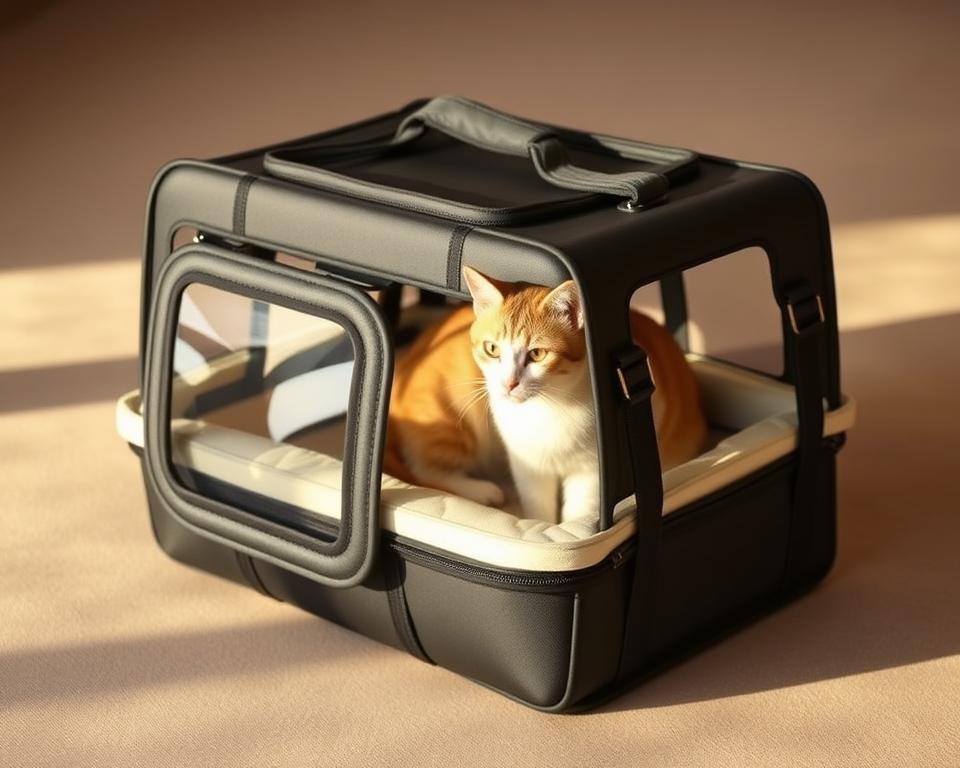 A sturdy, airline-approved large cat travel carrier rests on a smooth, neutral-toned surface. The carrier features a well-ventilated, transparent front panel and durable, reinforced side walls. Soft, plush padding lines the interior, providing a comfortable space for the feline passenger. Adjustable straps and handles allow for easy, secure transport. Sleek, understated metallic hardware and trim add a touch of sophistication. Warm, natural lighting illuminates the scene, creating a sense of coziness and care. The overall design prioritizes functionality, safety, and the well-being of the cat during airline travel.