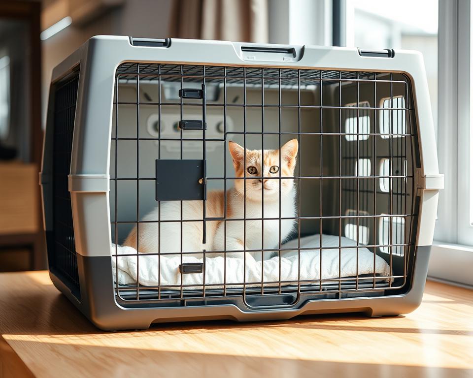 A sturdy and spacious cat travel crate, its sleek design featuring durable wire mesh and a reinforced plastic body. The crate's front panel is equipped with a secure latch and ventilation openings, ensuring your feline companion's comfort and safety during long-distance journeys. Soft bedding lines the interior, creating a cozy retreat. Bright natural lighting illuminates the scene, while a neutral color palette of grays and whites evokes a sense of modern sophistication. The crate rests atop a smooth wooden surface, conveying a refined and practical aesthetic suitable for the discerning pet owner.