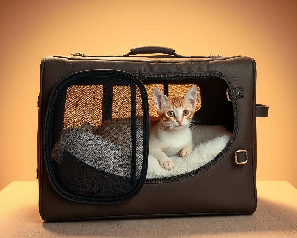 A sturdy and spacious feline travel carrier rests on a neutral-toned surface, its ample dimensions and thoughtful design elements visible. The carrier features a mesh panel on the front, allowing for ventilation and visibility, while the solid sides and top provide a sense of security. Soft, plush bedding lines the interior, creating a cozy and comfortable environment for the feline passenger. Subtle metallic hardware accents complement the carrier's elegant aesthetic, conveying a sense of quality and durability. Warm, diffused lighting from an unseen source casts a gentle glow, highlighting the carrier's practical yet stylish features. The overall composition emphasizes the importance of selecting the right size and features when choosing a travel carrier for a beloved pet.