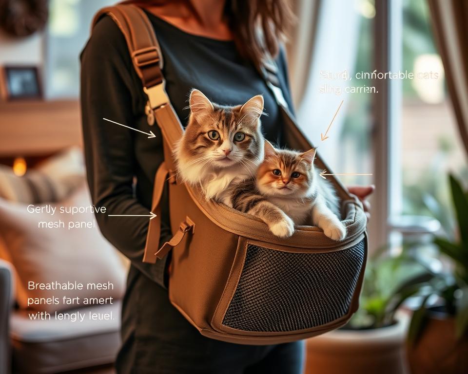A sturdy, comfortable sling carrier for a special needs cat, designed with soft, supportive padding and adjustable straps to gently hold the feline while allowing freedom of movement. The carrier features a breathable mesh panel for ventilation, and a secure, zippered opening to safely contain the cat. Warm lighting illuminates the scene, highlighting the carrier's neutral tones and subtle details that blend seamlessly with the cat's fluffy fur. The carrier is positioned in a serene, natural environment, such as a cozy living room or an outdoor garden setting, conveying a sense of safety and relaxation for the special needs feline.