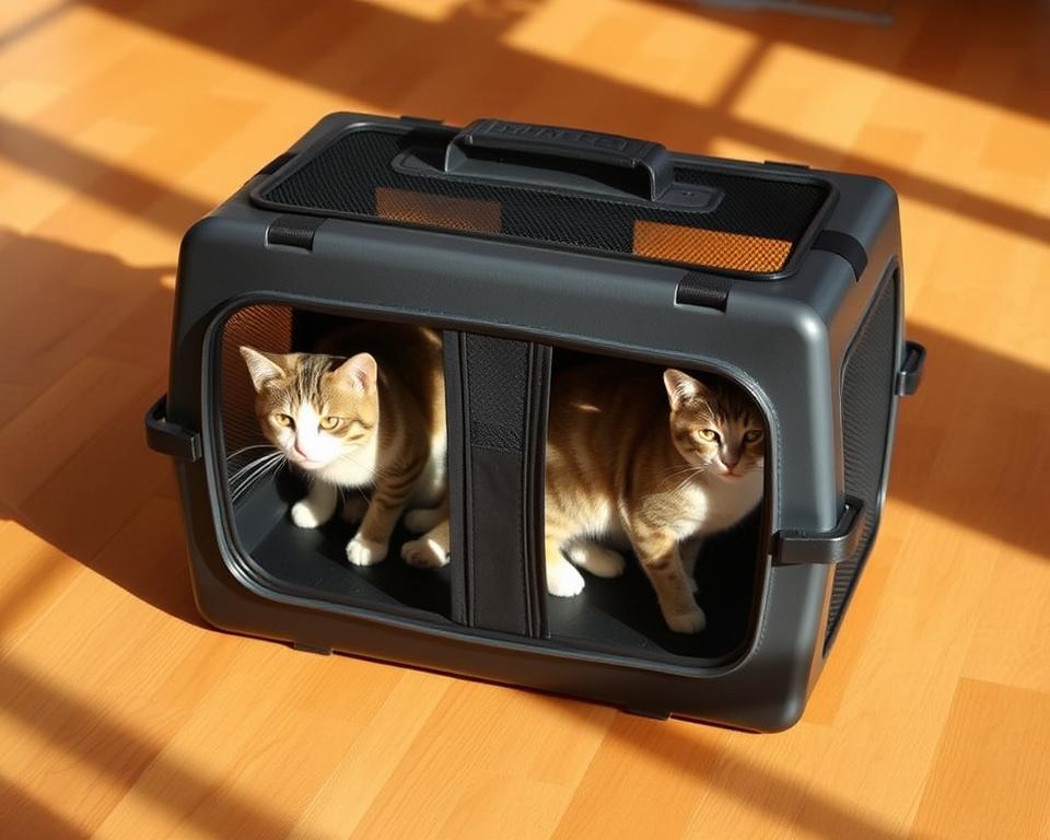 A sturdy, double-compartment cat carrier made of durable mesh and hard plastic, designed to transport two feline companions comfortably. The carrier features two separate, well-ventilated compartments, allowing each cat their own personal space while maintaining visual and olfactory contact. Sleek, modern design with a sturdy, adjustable top handle for easy maneuverability. The carrier is placed on a hardwood floor, bathed in warm, natural lighting that highlights the intricate texture of the materials. The overall atmosphere conveys a sense of safety, practicality, and consideration for the cats' wellbeing.