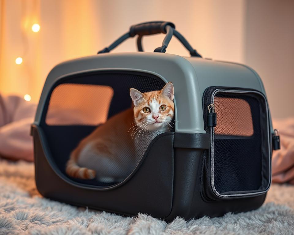 A sturdy, durable cat travel carrier rests on a soft, plush surface, its sleek, modern design blending seamlessly with the cozy, warm-toned backdrop. Adjustable mesh panels allow for ample ventilation, while reinforced sides and a sturdy handle ensure a safe and comfortable journey for your feline companion. Delicate lighting casts a gentle glow, highlighting the carrier's thoughtful features, such as interior pockets for storage and a secure, lockable door. The overall scene conveys a sense of care and consideration for the unique needs of special-needs cats, creating a harmonious and inviting atmosphere.