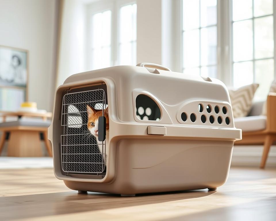 A sturdy, hard-sided cat carrier in a neutral beige or gray hue, designed for secure and comfortable transport. The carrier has a clean, modern aesthetic with smooth, rounded edges and a large, front-facing mesh panel for ventilation and visibility. It sits on the floor in a well-lit, minimalist living room setting, with natural lighting filtering in through large windows. The carrier is positioned at an angle, highlighting its functional design and practical features. The image conveys a sense of safety, reliability, and thoughtful consideration for the cat's needs during travel.