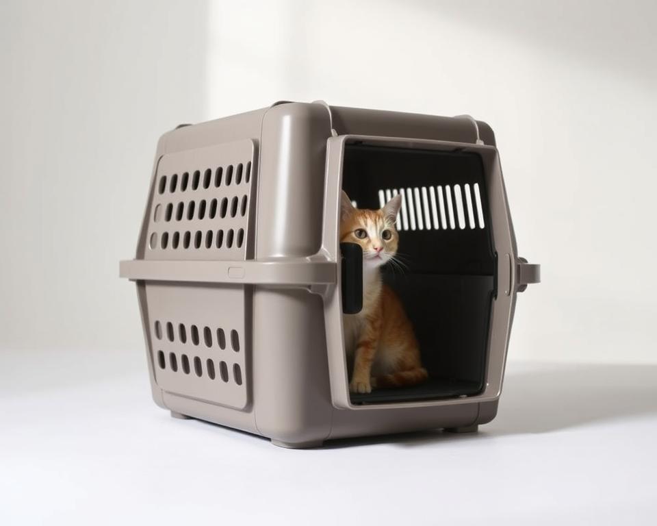 A sturdy, hard-sided cat carrier with a sleek, modern design. The carrier is made of durable, high-quality plastic with reinforced corners for extra protection. It features a top-loading door and ventilated side panels, allowing your feline companion to comfortably travel with ample airflow. The carrier is set against a clean, minimalist backdrop, with soft, indirect lighting that highlights its smooth, glossy finish. The scene conveys a sense of security and practicality, ideal for transporting your cat safely and in style.
