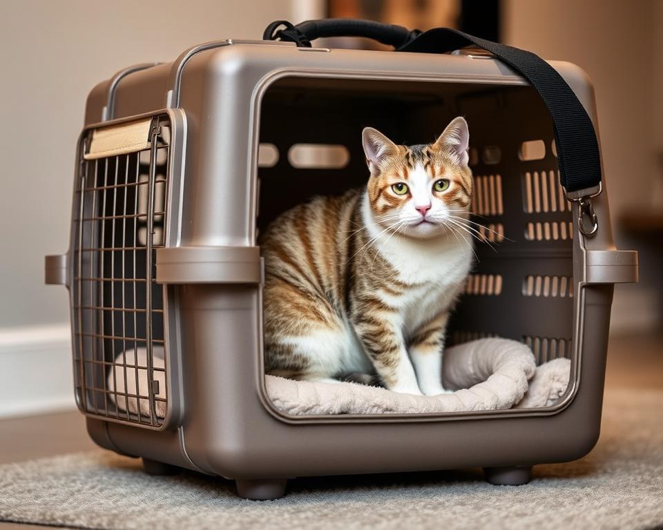 A sturdy, heavy-duty cat carrier, designed to safely transport hefty felines. The carrier features a reinforced steel frame, with a durable, scratch-resistant exterior in a neutral tone. Padded interior lining provides plush comfort for the cat, while ample ventilation ensures proper airflow. Strategically placed handles and a sturdy shoulder strap allow for easy, secure transport. The carrier is slightly elevated, with a raised base to prevent any discomfort for the cat. Soft, diffused lighting casts a warm, inviting glow, creating a sense of calm and security for the cat during travel. The scene is captured from a slightly elevated angle, showcasing the carrier's robust construction and thoughtful design, perfectly suited for transporting large, robust cats.
