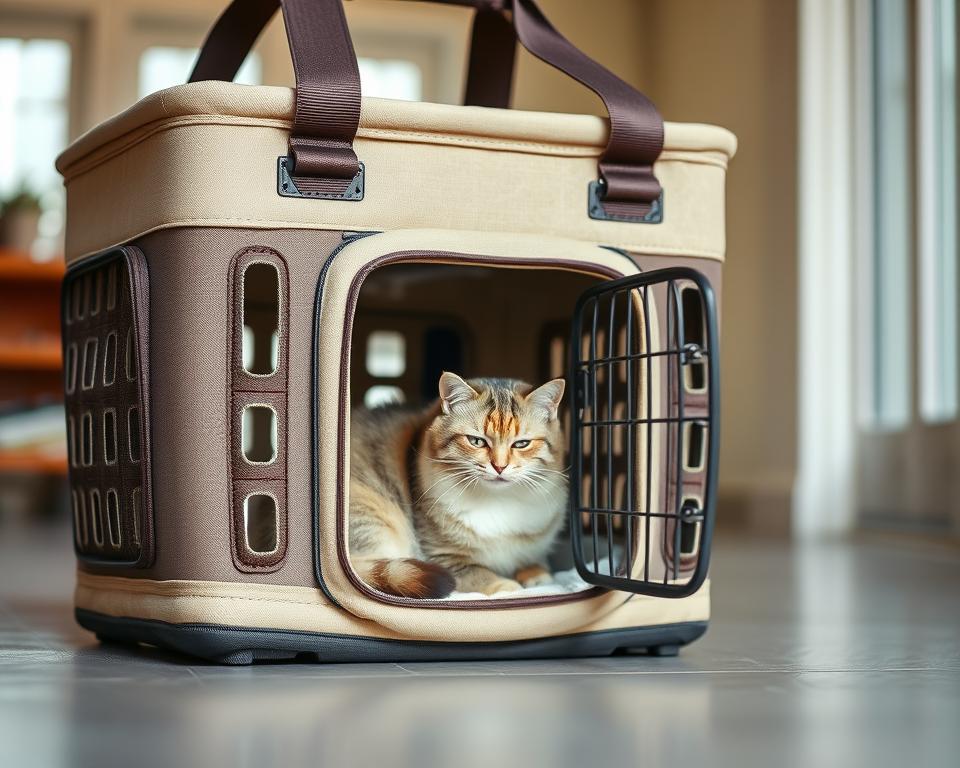 A sturdy, well-constructed cat basket carrier stands in a well-lit, airy room. The carrier is made of durable, woven material in a neutral tone, with soft padded lining and secure, adjustable straps for comfortable transport. The carrier features multiple ventilation panels to ensure airflow and visibility for the feline passenger. In the foreground, the carrier's door is slightly ajar, revealing a calm, content cat curled up inside, bathed in soft, diffused lighting. The overall scene conveys a sense of safety, security, and attention to the cat's needs during travel.