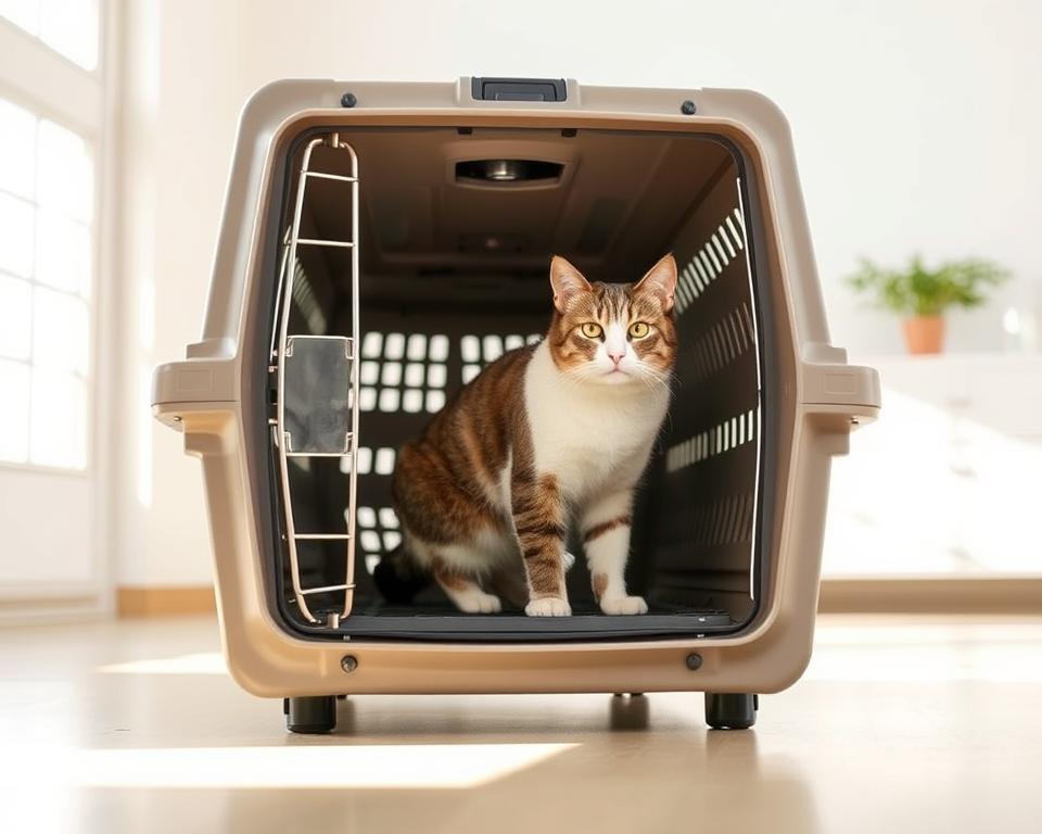 A sturdy, well-constructed feline carrier stands in a bright, well-lit room. The carrier is made from high-quality, durable materials like reinforced plastic and metal, with thick padded walls and a secure latch. The carrier has ample ventilation, allowing for comfortable airflow. It is spacious enough to accommodate a large, active cat, with a roomy interior and a raised platform for the cat to perch on. The carrier has a sleek, modern design, with a neutral color palette that would complement various home decor styles. The overall impression is of a functional, dependable, and stylish pet transport solution.