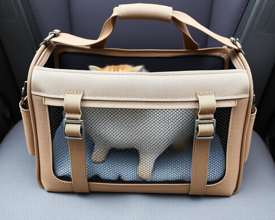 A sturdy, well-crafted cat carrier with a durable, reinforced frame rests on a soft, cushioned interior. The carrier's design features robust metal mesh panels, offering ample ventilation and visibility for your feline companion. Sleek, neutral-toned accents complement the overall aesthetic, creating a sophisticated yet practical travel solution. Soft, adjustable shoulder straps allow for comfortable, hands-free carrying, while secure clasps and a sturdy handle ensure a steady, reliable grip. Thoughtfully engineered to provide a secure, comfortable environment for cats of all sizes, this carrier exudes a sense of quality and reliability, perfectly suited for the discerning pet owner.
