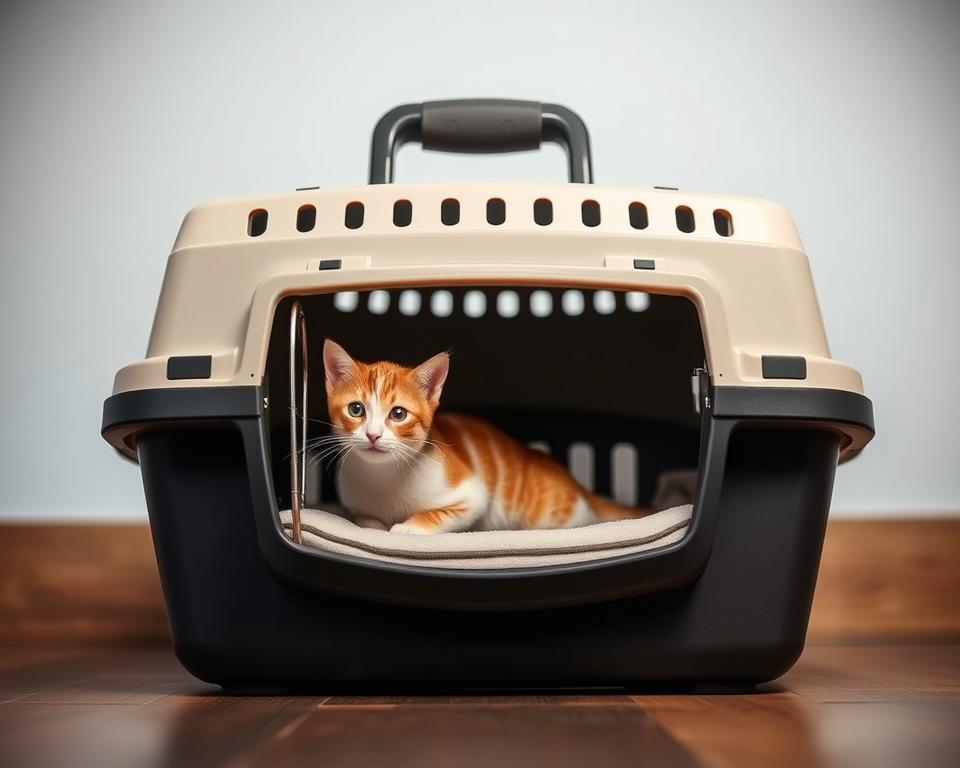 A sturdy, well-crafted pet carrier made of high-quality, durable materials. The carrier has a spacious, well-ventilated interior with a comfortable padded floor, ensuring a comfortable and secure transport for your feline companion. The exterior features a sleek, modern design with reinforced corners and a sturdy handle for easy maneuvering. Illuminated by soft, diffused lighting, the carrier showcases its premium construction and attention to detail, reflecting the care and consideration put into its design. Captured from a low angle, the carrier appears sturdy and dependable, perfectly suited for the "Materials and Durability Factors" section of the article.