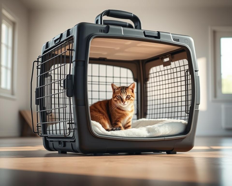 A sturdy, well-designed cat carrier stands in a bright, airy room. The carrier is made of durable, reinforced plastic with metal mesh panels, ensuring ample ventilation and visibility for the feline passenger. Plush, cushioned bedding lines the interior, creating a comfortable, secure environment. Sturdy handles and a secure locking mechanism allow for easy, safe transport. Indirect, soft lighting from nearby windows casts a warm, calming glow, complementing the soothing color palette. The carrier's thoughtful construction and attention to detail convey a sense of safety and care, ideal for transporting large cats with confidence.