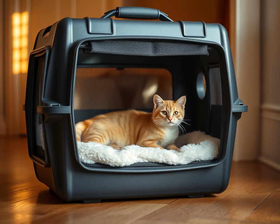 A sturdy, well-ventilated cat carrier standing upright on a warm, hardwood floor. The carrier is made of durable, textured plastic with reinforced mesh panels, providing a comfortable and secure enclosure. Soft, plush bedding lines the interior, creating a cozy nook for your feline companion. Warm, natural lighting filters in, casting a gentle glow and inviting atmosphere. The carrier's design features convenient carrying handles and a front-facing door, allowing easy access. The overall impression is one of reliability, safety, and thoughtful consideration for your cat's comfort during travel.