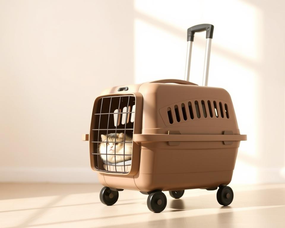A sturdy, wheeled cat carrier stands prominently in the foreground, its sleek, durable shell in a muted, earthy tone. Smooth, rolling wheels allow for effortless transport, even with a heavier feline occupant. The carrier's interior is softly padded, providing a cozy sanctuary for the cat. Warm, natural lighting filters in, creating a serene, comforting atmosphere. The carrier is set against a minimalist, uncluttered background, allowing the focus to remain on its practical, well-designed form. This image captures the essence of a versatile, hassle-free solution for transporting cats with ease.