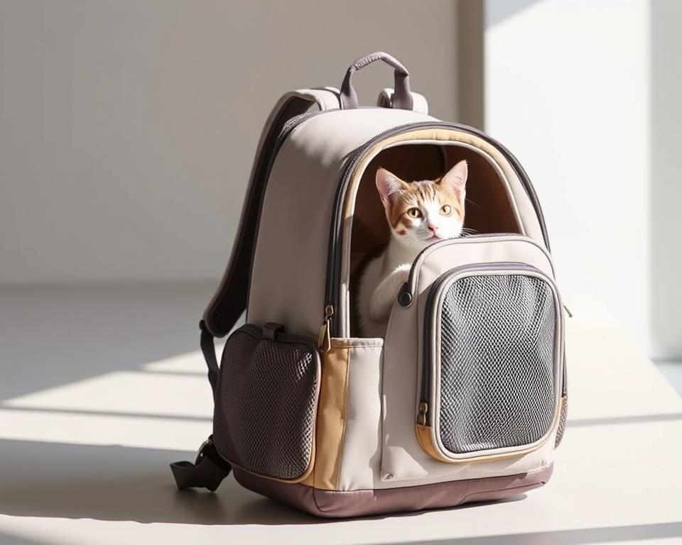 A stylish and functional backpack cat carrier in a modern, minimalist design. The carrier features a sleek, durable exterior in a neutral color, with a transparent mesh panel on the front to allow the cat to peek out. The backpack has padded shoulder straps for comfortable carrying, and a reinforced base to support the weight of the pet. The interior is spacious and well-ventilated, with a soft, cozy lining and a secure, easy-access door. Diffused, natural lighting illuminates the scene, highlighting the carrier's clean lines and high-quality materials. The image conveys a sense of convenience and style, perfect for the modern pet owner on the go.