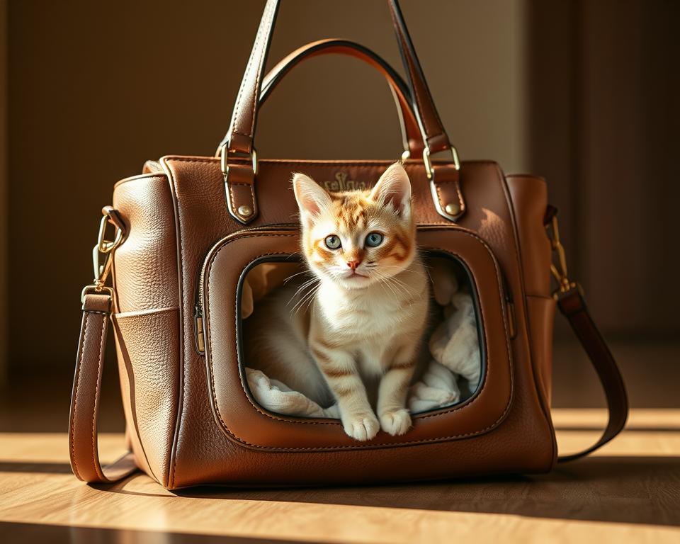 A stylish and functional cat carrier purse, designed for effortless travel. A sleek, structured shape in soft, supple leather with elegant metal hardware. The front features a large, transparent window, allowing your feline companion to survey their surroundings with ease. Adjustable, padded shoulder straps provide comfortable, hands-free carrying. The interior is meticulously crafted with plush, cozy bedding and thoughtful organizational pockets. Warm, natural lighting highlights the luxurious textures, creating a sophisticated, high-end aesthetic. Photographed at a slight angle to showcase the graceful silhouette and premium craftsmanship, this carrier purse is the epitome of form and function for the stylish cat owner.