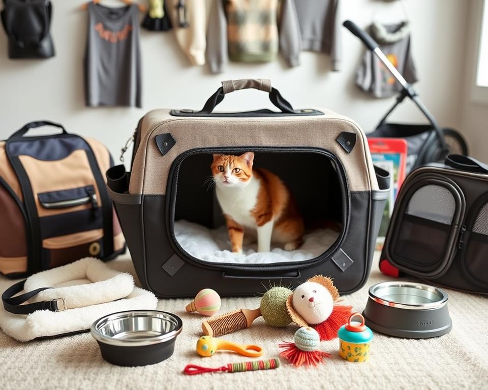 A stylish and functional cat carrier sits centered in the frame, surrounded by a variety of essential accessories. In the foreground, plush bedding, collapsible food and water bowls, and a leash attachment adorn the carrier. In the middle ground, a grooming brush, catnip-filled toys, and a travel-sized litter box come into focus. The background showcases a cozy cat sweater, a foldable pet stroller, and a compact carrier case, all complementing the main carrier. Soft, natural lighting highlights the high-quality materials and thoughtful design of these practical yet chic cat travel essentials.
