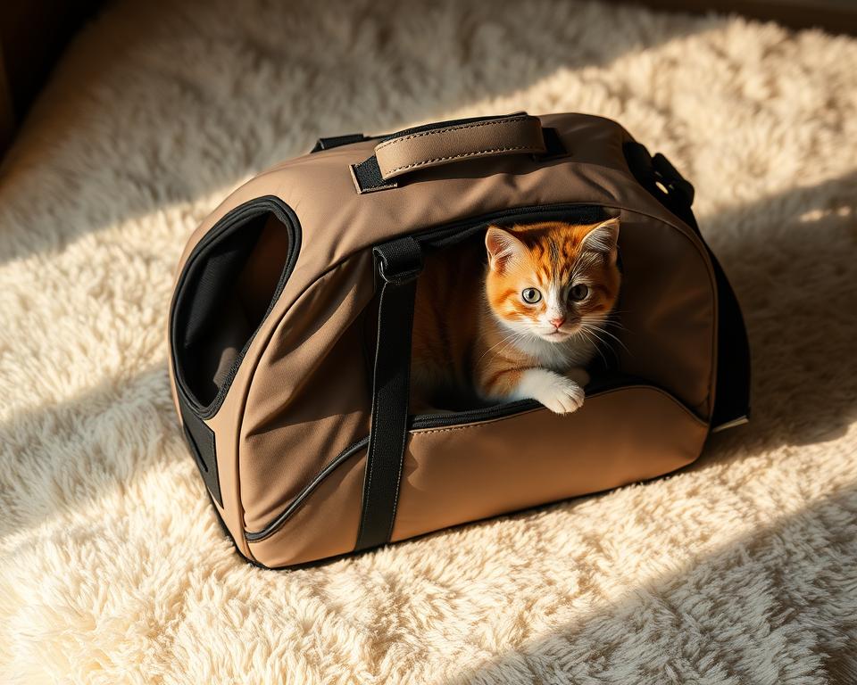 A stylish and functional feline travel sack resting on a plush surface, illuminated by soft, warm lighting. The sack features a sleek, minimalist design with a structured, yet pliable body and a secure, adjustable strap for easy carrying. The interior is lined with a soft, comfortable material, creating a cozy and secure environment for the feline passenger. The sack is positioned in a composition that showcases its versatility and practicality, inviting the viewer to imagine their cat comfortably and confidently exploring new environments while nestled inside this thoughtfully designed carrier.