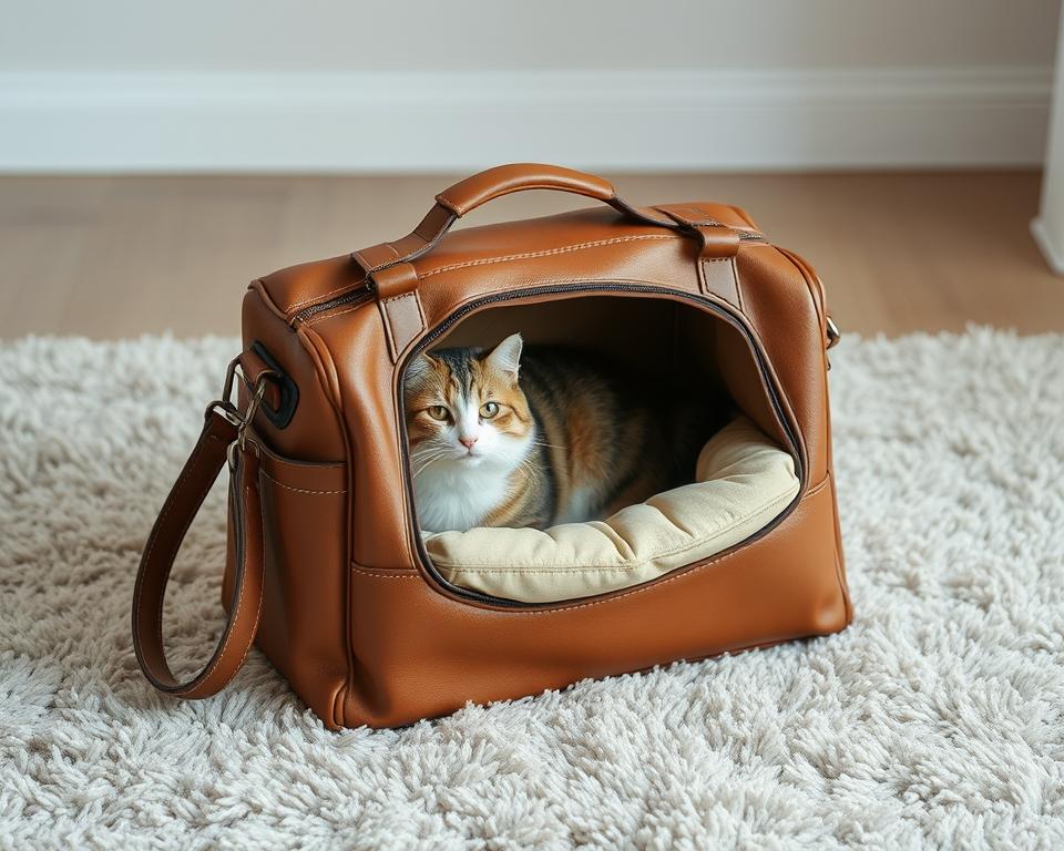 A stylish and practical cat carrier bag rests on a plush, neutral-toned rug. The bag is made of supple, high-quality leather in a rich, warm brown tone, with a comfortable shoulder strap and thoughtful design features like ventilation panels and a secure clasp. Inside, a cozy cushion in a complementary color invites the cat to settle in comfortably. Soft, diffused lighting creates a calming, inviting atmosphere, as if the bag is a cozy, safe haven for the feline companion. The composition is clean and uncluttered, allowing the carrier bag to be the central focus, showcasing its practicality and elegance.