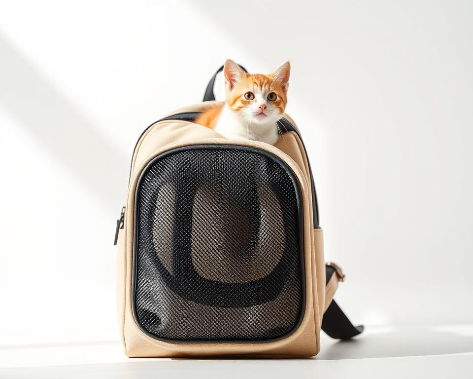 A stylish and practical kitty carrier backpack, featuring a well-ventilated mesh panel for feline comfort. The sleek, minimalist design in a sophisticated neutral tone complements any outfit. Positioned at eye level, the carrier allows your feline companion to survey their surroundings with curious delight. Illuminated by soft, diffused natural lighting, the carrier is photographed from a low angle to showcase its functional yet fashionable appeal. The clean, uncluttered background emphasizes the carrier's modern, streamlined silhouette, perfect for the urban cat owner on the go.