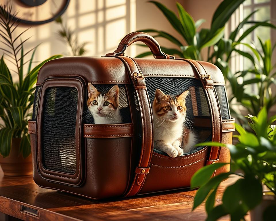 A stylish and secure multi-pet cat carrier, bathed in warm, natural lighting. The carrier is made of sleek, high-quality materials like leather and polished wood, with elegant accents. It features multiple compartments and mesh windows, allowing pets to travel comfortably together. The carrier is positioned on a wooden table, surrounded by lush houseplants, creating a cozy, domestic atmosphere. The camera angle is slightly elevated, showcasing the carrier's thoughtful design and attention to detail. The overall mood is one of sophistication, comfort, and care for the beloved furry companions.