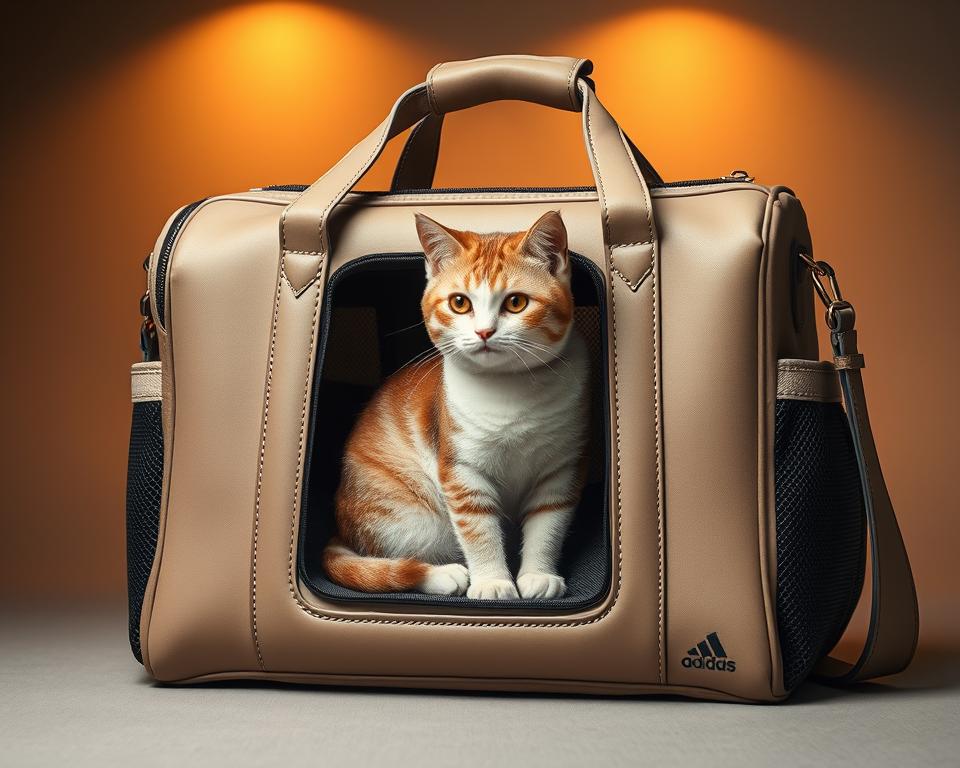 A stylish cat bag carrier with a sleek, modern design. The carrier features a structured body made of high-quality, durable materials in a sophisticated neutral tone. Intricate stitching and polished hardware add subtle yet elegant accents. The spacious interior is lined with plush, comfortable padding to keep your feline companion secure and cozy during travel. Large mesh panels on the sides and top allow for ample airflow and visibility. Ergonomic handles and an adjustable shoulder strap provide comfortable carrying options. Subtle branding elements seamlessly integrate into the overall aesthetic. Warm, directional lighting illuminates the carrier, highlighting its clean lines and premium finishes. The resulting image conveys a sense of style and functionality that complements the discerning cat owner's lifestyle.