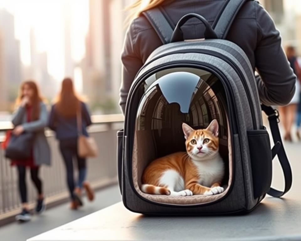 A stylish cat carrier backpack in the foreground, featuring a sleek and modern design with plush interior for feline comfort. The backpack has a transparent bubble window, allowing the cat to peek out while securely nestled inside. In the middle ground, the cat lounges comfortably, its expression calm and content. The backpack's adjustable straps and ergonomic back panel suggest ease of use for the owner. The background showcases an urban setting, with city skyline and pedestrians, conveying the versatility of the cat carrier for various travel scenarios. Soft, natural lighting illuminates the scene, creating a warm and inviting atmosphere.
