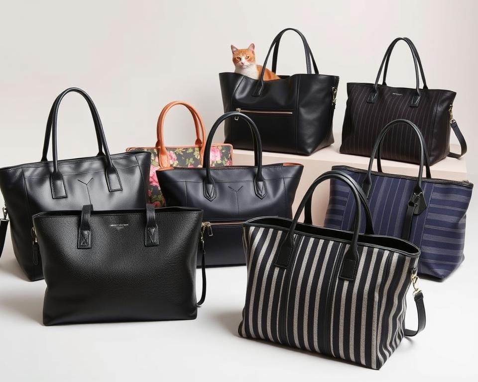 A stylish collection of high-quality cat tote bags, expertly crafted with premium materials and attention to detail. The foreground features an assortment of elegant totes in various colors and patterns, such as sleek black leather, vibrant floral prints, and subtle stripes. The middle ground showcases the bags' practical features, including sturdy handles, interior pockets, and discreet ventilation panels. In the background, a softly-lit studio setting with a neutral backdrop emphasizes the bags' fashionable appeal. The overall composition conveys a sense of sophistication, functionality, and the perfect fusion of style and purpose for the discerning cat owner.