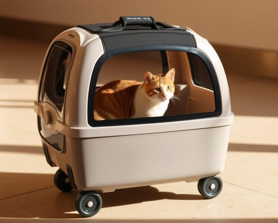 A stylish pet carrier on sturdy wheels, designed for convenient feline transport. The carrier features a sleek, modern design with a transparent front panel, allowing your cat to observe the world in comfort. Soft, padded interior provides a cozy, secure environment, while the wheeled base effortlessly glides across various surfaces. Minimal, neutral-toned exterior blends seamlessly with any travel aesthetic. Warm, directional lighting highlights the carrier's form, casting subtle shadows that accentuate its clean lines. Captured at a slightly elevated angle to convey a sense of functionality and ease of use, the image exudes a sense of practical sophistication suitable for the "Travelling with Cats: Practical Considerations" section.
