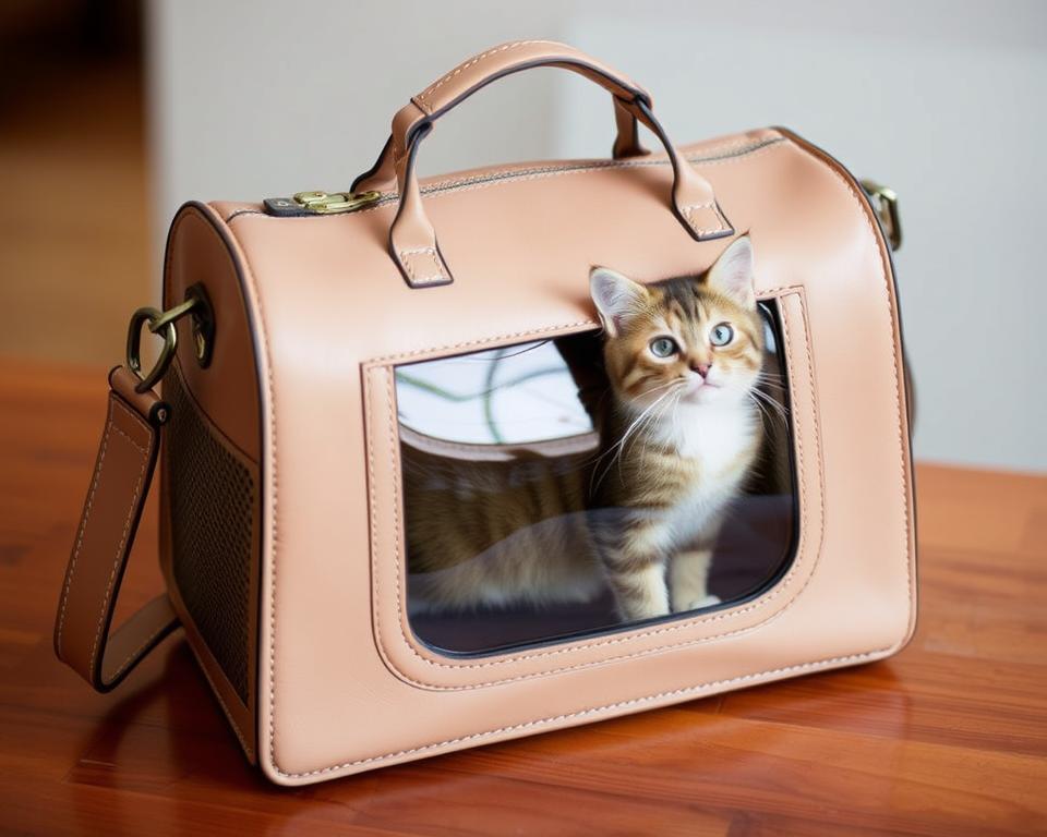 A stylish, well-crafted cat carrier purse rests on a polished wooden surface, its sleek silhouette and soft, supple leather in a neutral tone exuding an air of sophistication. The carrier's front panel features a large, transparent window, allowing your feline companion to comfortably observe their surroundings while ensuring ample ventilation. Discreet mesh vents along the sides and top provide additional airflow, ensuring your cat's comfort during transport. The purse-style handle and adjustable shoulder strap offer convenient carrying options, making this an essential and fashionable accessory for the modern cat owner on the go.