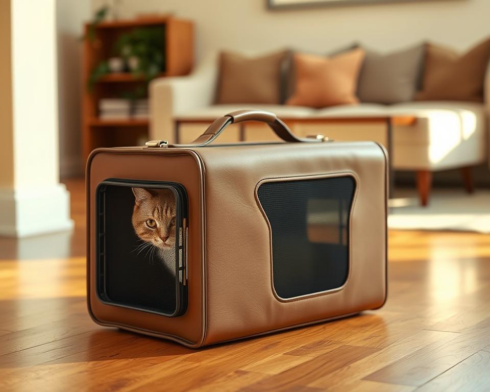 A stylish, well-designed cat carrier box rests on a hardwood floor, bathed in warm, natural lighting. The carrier features a sleek, minimalist design with a sturdy handle, breathable mesh panels, and a secure locking mechanism. The box is made of high-quality, durable materials like leather or microfiber, in a neutral color palette that complements any home decor. In the background, a soft, blurred scene showcases a cozy living room with plush furnishings, creating an inviting, pet-friendly atmosphere. The overall composition emphasizes the carrier's practical functionality, premium construction, and seamless integration into a modern, comfortable domestic setting.