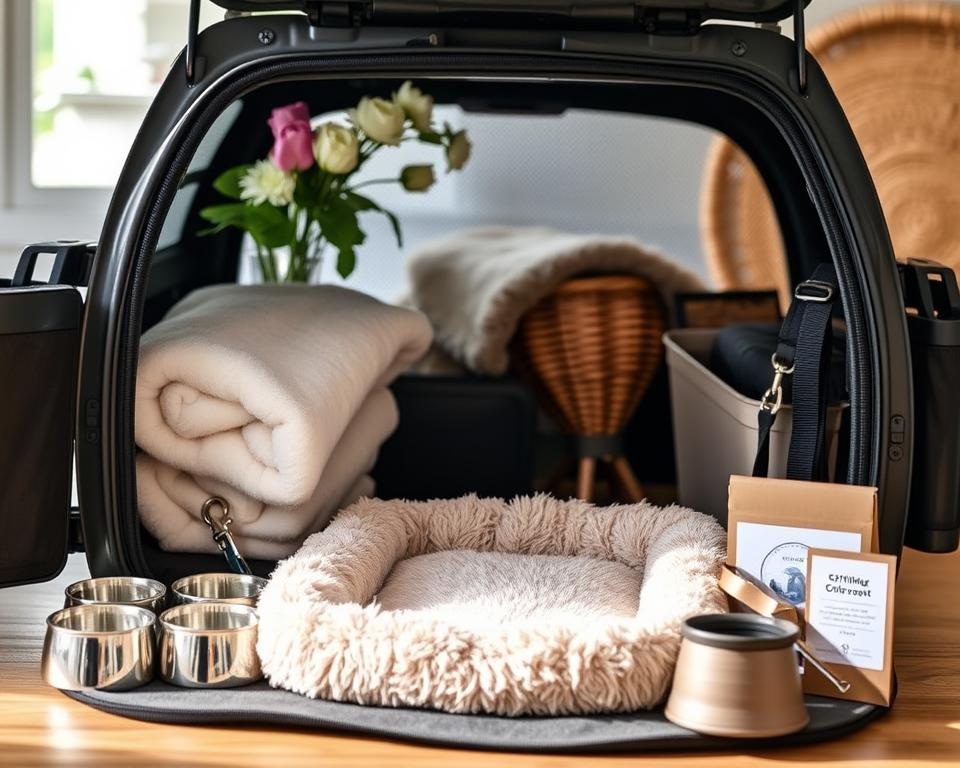 A stylishly-arranged display of premium cat carrier accessories, captured in a soft, natural light. In the foreground, a plush, ultra-comfy cat bed with a removable cushion rests within the open carrier. Surrounding it, a selection of sleek stainless steel food and water bowls, a collapsible litter box, and a versatile harness and leash set. In the middle ground, a cozy cat blanket and a travel-friendly cat grooming kit. The background features a tasteful floral arrangement and a woven basket, creating a serene, inviting atmosphere. The overall composition conveys a sense of thoughtful, high-quality accessories to enhance the cat carrier experience.