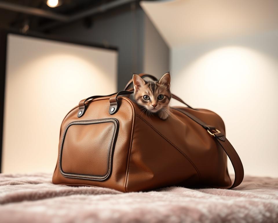 A stylized cat sack carrier, resting on a plush velvet surface in a well-lit studio. The carrier is crafted from supple, textured leather in a rich, earthy tone, with sleek metal hardware and reinforced handles for easy carrying. The front panel features a large, window-like opening, allowing the cat to peek out with an inquisitive gaze. The background is softly blurred, drawing the viewer's attention to the versatile, fashion-forward design of the carrier. Soft, diffused lighting from overhead creates gentle shadows and highlights the luxurious materials. The overall mood is one of modern sophistication and feline comfort.