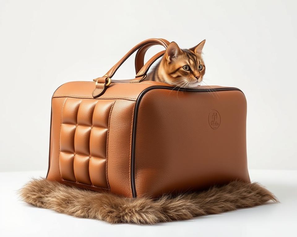 A sumptuous, high-end cat carrier in soft, luxurious leather, accented with gleaming brass hardware. Elegant tufted panels and a subtle, understated logo embossed on the side lend an air of refined sophistication. Captured in a crisp, clean studio lighting setup, the carrier sits atop a plush, fur-lined interior, ready to transport the most discerning feline in style. Sleek, minimal lines and a muted color palette convey a sense of effortless luxury, perfectly suited for the modern, fashion-forward cat owner.