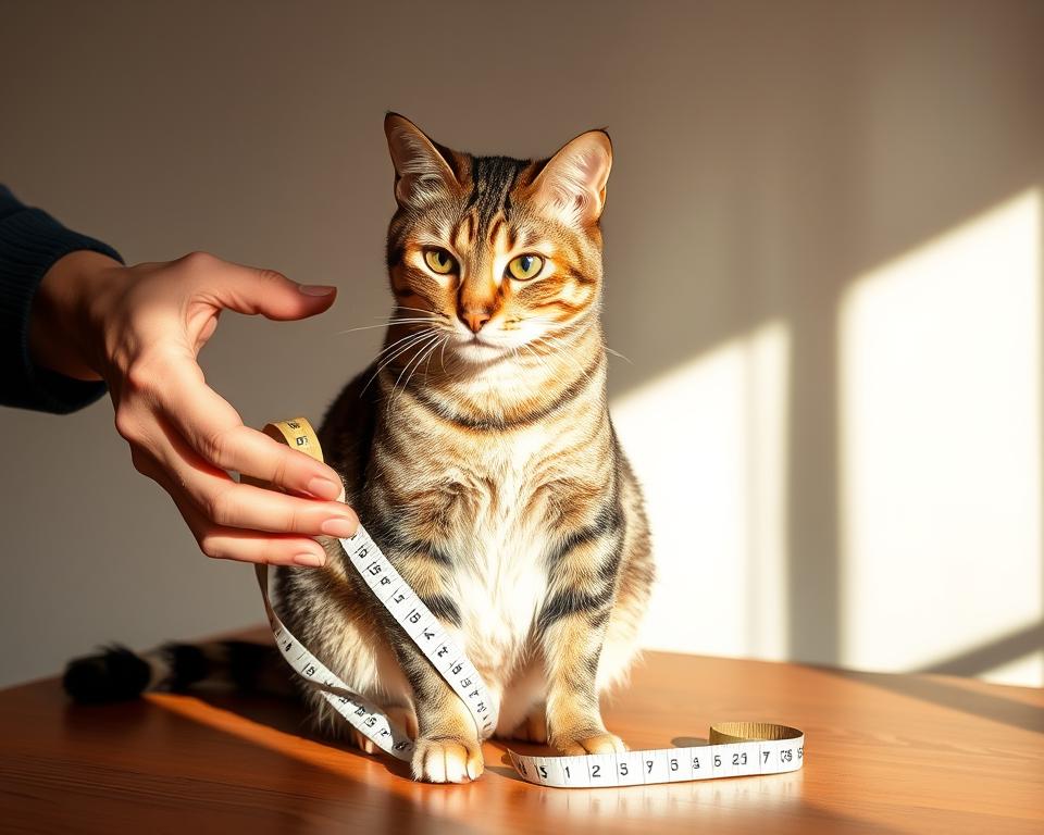 A tabby cat sits attentively on a wooden table, its eyes focused as its owner carefully measures its body with a flexible tape measure. The scene is bathed in warm, natural lighting, casting soft shadows that accentuate the cat's features. The owner's hands are delicate yet precise, ensuring an accurate fit for the feline's future spacious carrier. The background is a simple, clean space, allowing the viewer to focus on the important task at hand - determining the perfect size for this beloved pet's secure transport.